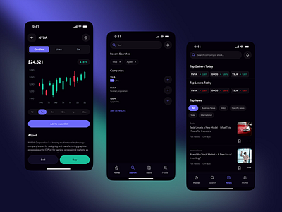 Stock Market App – Track, Search, and Stay Updated articles clean design finance finance app mobile app news search results stock market stocks ui ux watchlist