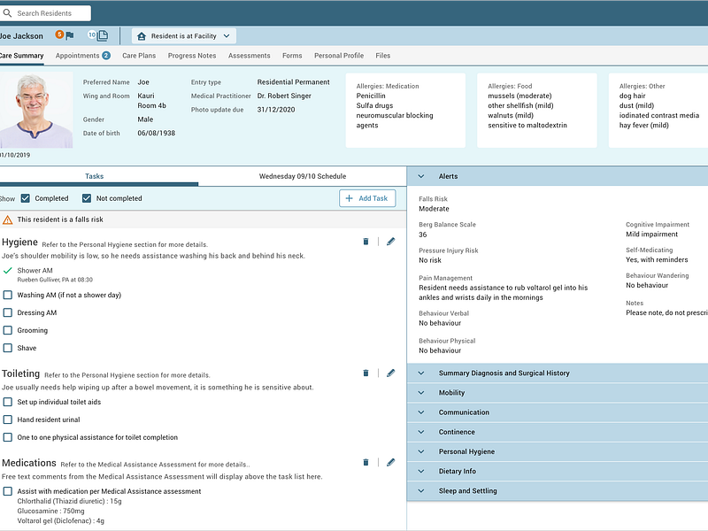 Summary Care screen with Task List healthcare app saas app senior living ui ux