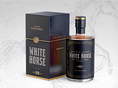 White Horse Whiskey - Packaging Label Redesign blue blue and gold bottle branding branding design christmas decoration fine art illustration label merry christmas ornaments package packaging premium redesign redesign concept scotch whiskey whiskey white horse