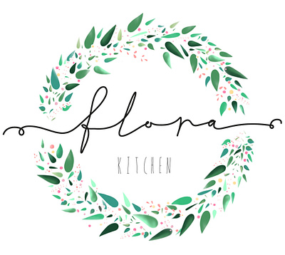 'Flora Kitchen' logo design - Copyright katymetcalf.com branding calligraphy circle circular cute design digital digital painting floral floral wreath flower logo illustration illustrator leaves lettering logo logodesign minimal photoshop round