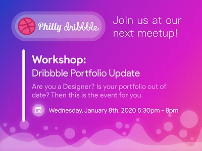 Philly Dribbble Portfolio Workshop blue branding dribbble dribbble meetup event branding event design gradient philadelphia philly pink portfolio purple social media socialmedia typography