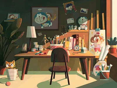 My Ideal Workspace cat doraemon girl illustration plant room studio workspace