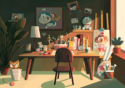 My Ideal Workspace cat doraemon girl illustration plant room studio workspace