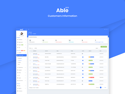 Customers Information Panel - Able Pro Admin Dashboard admin admin dashboard admin dashboard template admin panel admin template angular application backend backend application bootstrap branding crm customers dashboard project management react task list ui uiux