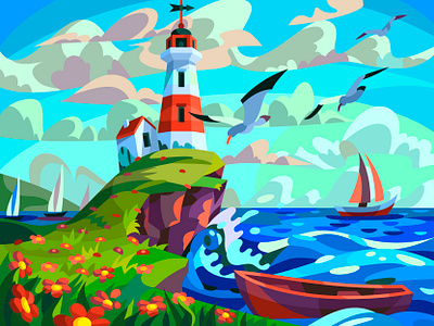 Lighthouse art cartoon design drawing graphic illustration landscape lighthouse sea vector