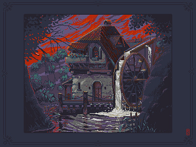 watermill [pixel art] 8bit architect art aseprite building concept art design environmental design exterior game art illustration pakopixel pixel pixel art sprite waterfall watermill