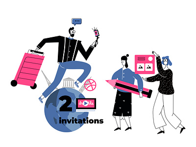 Two Dribbble Invites adobe illustrator character draft dribbble invitation dribbble invite flat giveaway illustration invitation invite ui