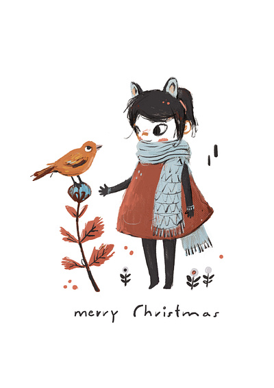 christmascard 2019 bird bird illustration childrens book childrens book illustration christmas christmas card cute cute animal drawing challenge editorial illustration girl xmas xmas card