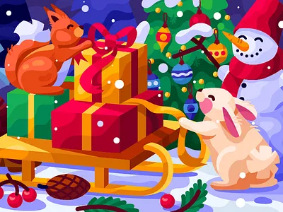 We are already full of the Christmas magic 2020 christmas christmas card christmas mood christmas party christmas tree gifts hedgehog illustration new year rabbit sledge snowman squirrel vector web graphic xmas