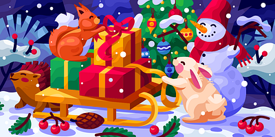 We are already full of the Christmas magic 2020 christmas christmas card christmas mood christmas party christmas tree gifts hedgehog illustration new year rabbit sledge snowman squirrel vector web graphic xmas