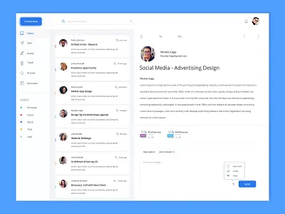Dashboard - message app blue chart dashboad email gmail google inbox interface mailbox message mobile notification setting shadow task text typogaphy uesr management web