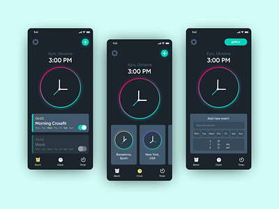 Clock app alarm clock clock app dark app dark mode dark ui design notification time timezone ui ux