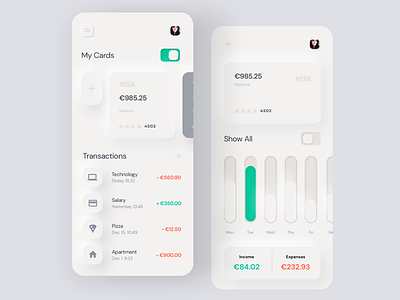 Neumorphism Mobile Banking 3d bank app banking card credit card credit card slider dashboard finance analytics finance app fintech ios lend lending mobile banking neumorphism skeumorphic skeuomorph skeuomorph app skeuomorphism ui