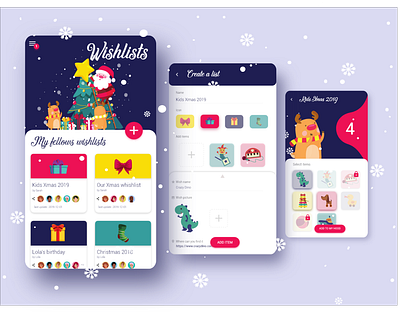 Whishlists, the app christmas colorful design app lists mobile ui vector