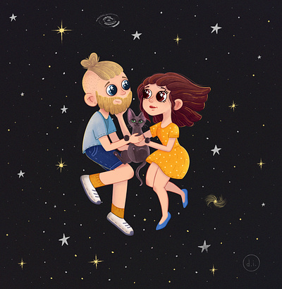 space art beard boy cat couple cute art family girl illustration love magic night space stars