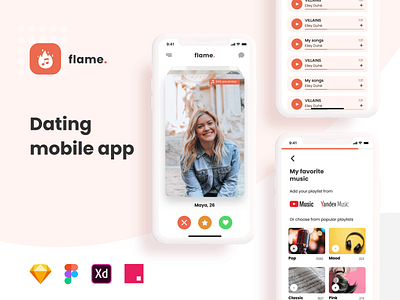 Dating Mobile Application UI Kit application couples dating facebook flame girl ios like messenger millennials mobile app design music mutch playlist social swipe tinder ui kit user experience design user interface design