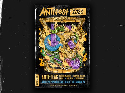 ANTIfest 2020 Concert Poster antifest antiflag festival fire freelance gig poster graphic design hand lettering handlettering horns illustration leaves lion occult photoshop pittsburgh poster procreate promo snake