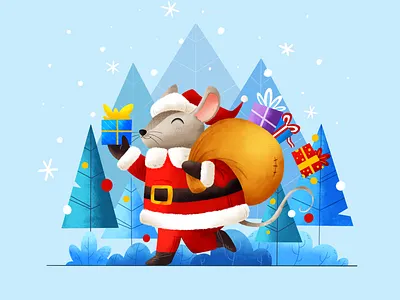 Christmas is here! animals character character design christmas color cute forest fun holidays illustration ipadpro mouse new year presents procreate santa simple snow texture winter