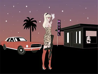 chick habit badass car character cherry cigarette feminine girl girl character girly illustration kitsch mustang palm palm tree woman