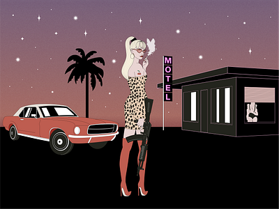 chick habit badass car character cherry cigarette feminine girl girl character girly illustration kitsch mustang palm palm tree woman