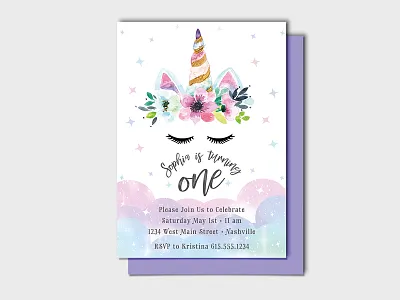 Sophia is also a Magical Rainbow Unicorn! - Party Invitations bday birthday invitation birthday party colorful first birthday girly invitation invitation design invitations invite magical magical girl one pastel rainbow unicorn watercolor watercolor illustration