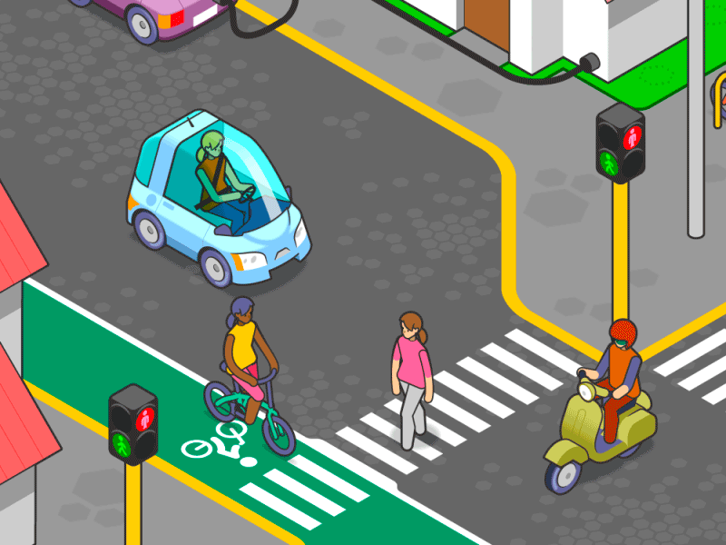 Isometric crosswalk adobe aftereffects adobe illustrator avatar bicycle bike car character city dummy isometric motiongraphics pedestrian sidewalk street transportation truck urban vector graphics vespa walking