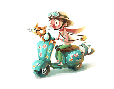 Motorbike animal cartoon cat character girl illustration motorbike