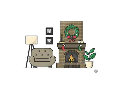 Weekly Warm up cartoon christmas cozy decoration dribbbleweeklywarmup fire fireplace illustration lamp livingroom outline shapes simple socks vector warmup web weekly wreath