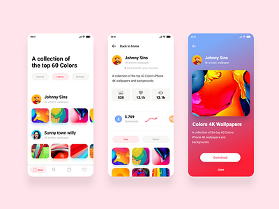 Ui for wallpaper app adobe xd app design app ui design best designer graphic design pink share ui ui design user experience user interface ux vector wallpaper