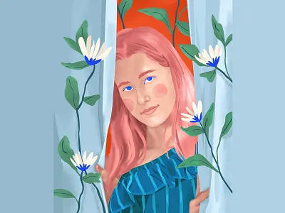 A girl with pink hair bloom color face flowers girl hair illustration leaves life portrait