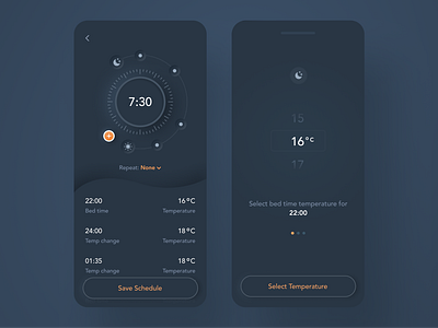 Custom Temperature Controller For Your Mattress app clean concept controller dark dark mode dark theme design device internet of things mobile night mode product skeuomorph temperature ui ux