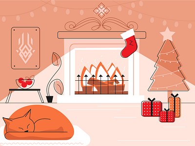 Fireplace cat christmas cozy digitalart fire fireplace flat design flat illustration gifts illustration illustrator kitty merry christmas sleepy cat ui vector warm