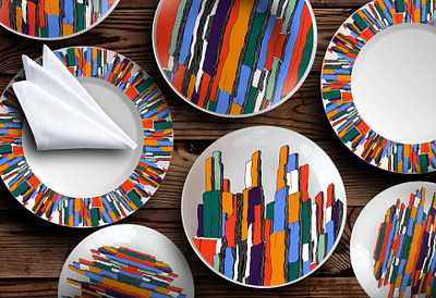 The design of the set of plates abstract abstraction design home decor mountains multicolored pattern pattern design plates print set tableware