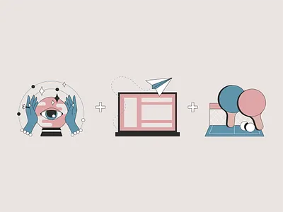 Subcultures blue color palette computer crystal ball eye fortune games icons illustration illustrator laptop paper airplane ping pong pink subculture