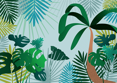 A tropical view digital art grain illustration leaves lush modern illustration palm trees paradise summer textures tropical tropical leaves