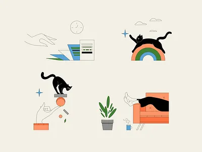 Work-life Balance app app balance black cat colorful documents illustration life outlines relax retro sketch tasks time ui vector