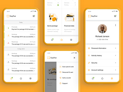 EasyPost - Delivery App app application delivery menu notifications packgages profile ui userinterface yellow