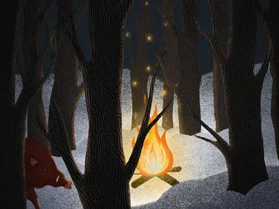 Night in the forest, boar and campfire illustration boar campfire child children children book illustration childrens illustration for kids illustraion illustration art illustrator israel israel illustrator snow winter