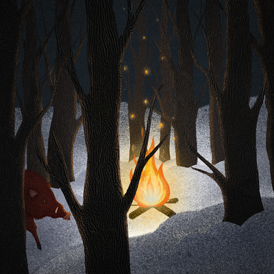 Night in the forest, boar and campfire illustration boar campfire child children children book illustration childrens illustration for kids illustraion illustration art illustrator israel israel illustrator snow winter