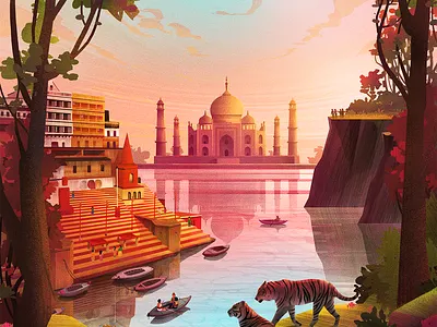 Exodus Travels Discovery and Wildlife Brochure 2020 boat environment forest ganges ghats river illustration india river sunrise taj mahal tiger travel trees