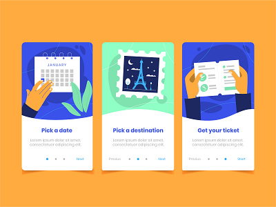 Travel onboarding app screens app business calendar flat interface layout screen travel travelling ui vector