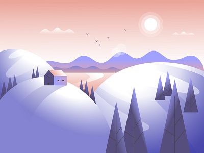 Winter landscape house lake landscape snow sunrise vector winter