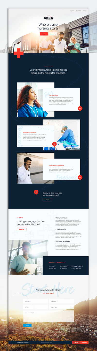 Origin Travel Nursing Homepage Design branding bright clean coral design healthcare homepage design light microsite modern navy blue nursing website