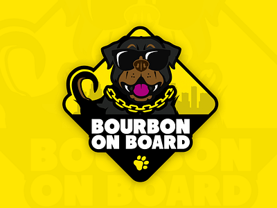 Bourbon On Board breed dog emblem face illustration paw paw print rottweiler sticker sunglasses vector yellow