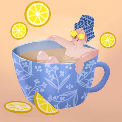 Tea time bathing cheeky childrens book childrens illustration digital illustration lemon tea