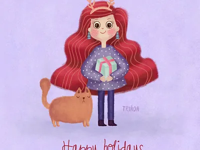 Happy Holidays cat childrens illustration cute fun funny gift girl happy holidays illustration kids illustration merry christmas merry xmas present purple