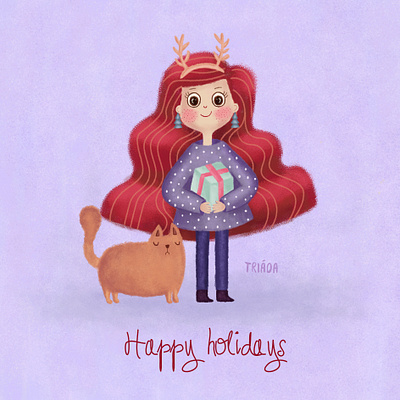 Happy Holidays cat childrens illustration cute fun funny gift girl happy holidays illustration kids illustration merry christmas merry xmas present purple