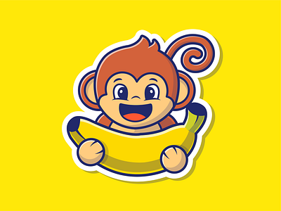 Monkey and Banana! 🐒🍌 animal banana character cute eat happy icon illustration logo mascot monkey sticker