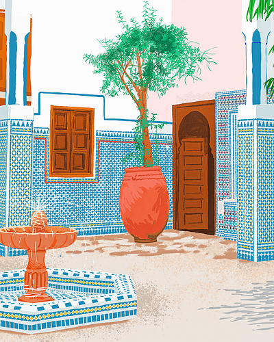 Moroccan Villa architecture arcs blush bohemian boho botanical detail fountain lifestyle modern moroccan nature plants scenic summer tiles travel watercolor