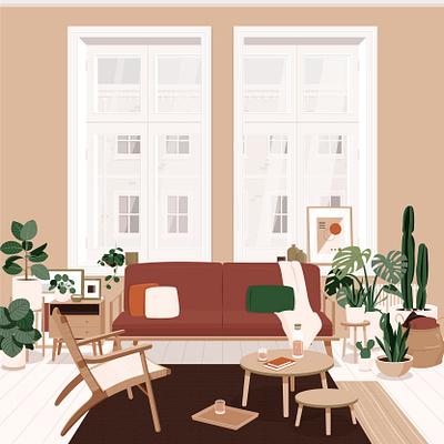 Living room apartment architecture couch home house illustration interior design living room plants vector window